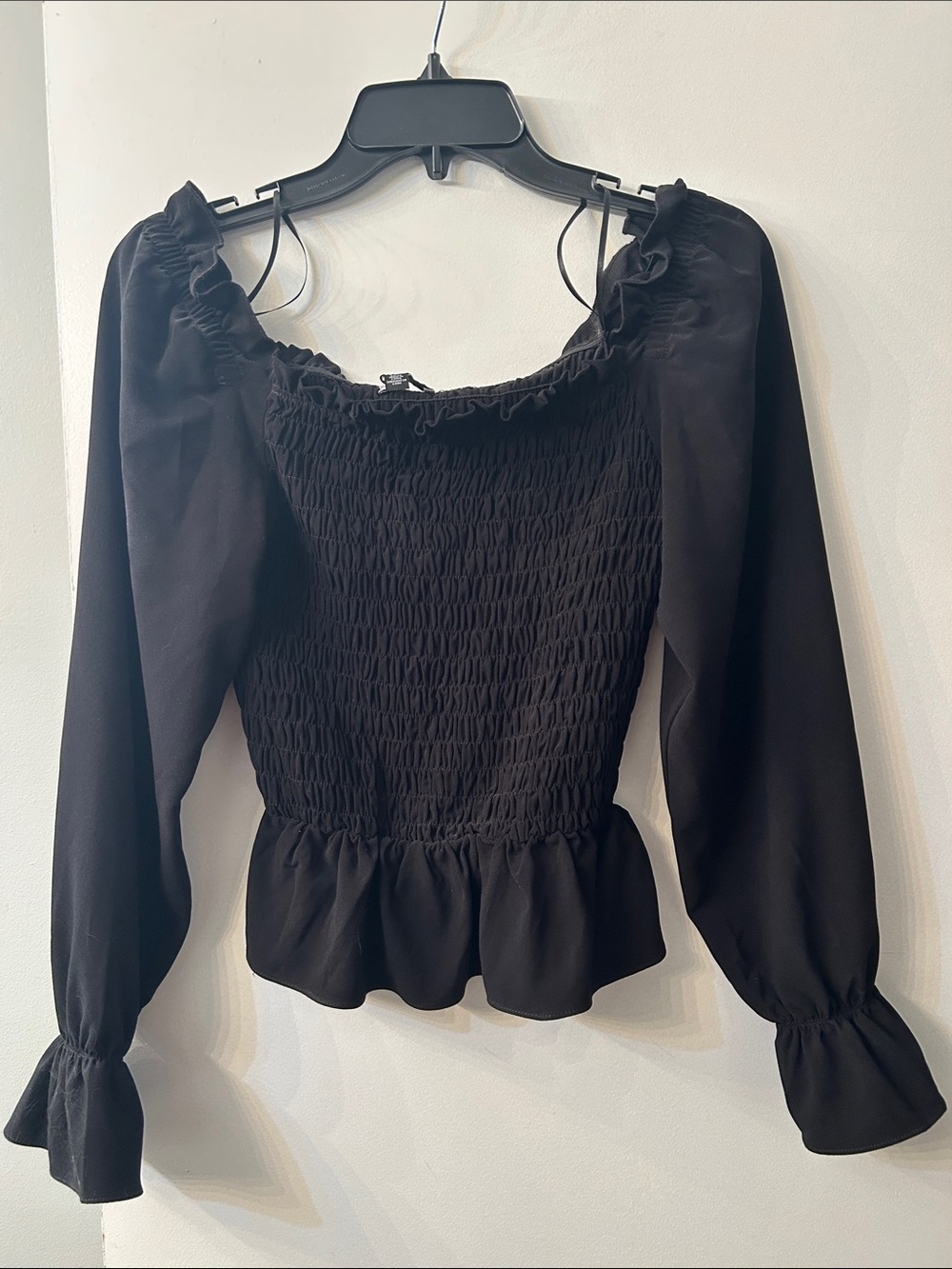 Renvy Black Smocked Peplum Long Sleeve Top